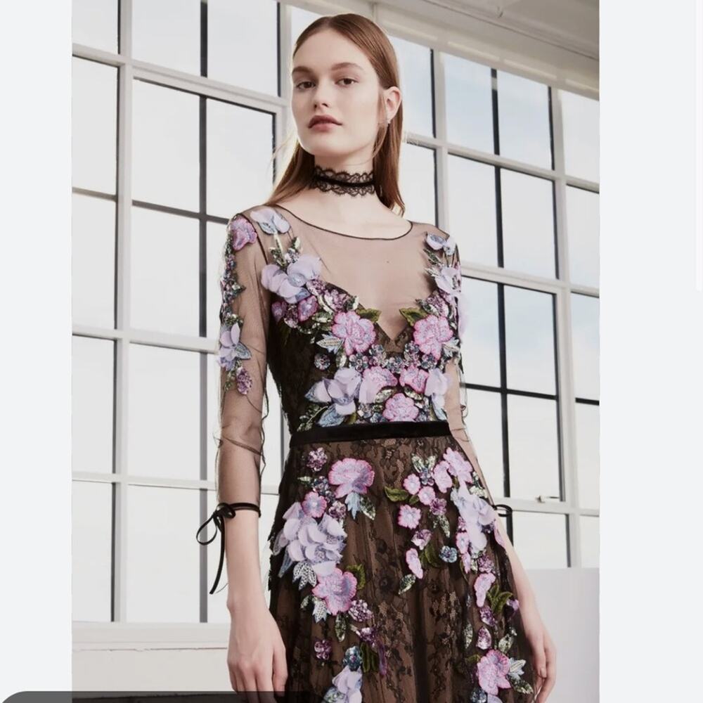 Marchesa Norte gown long wedding guest dress black shear floral formal